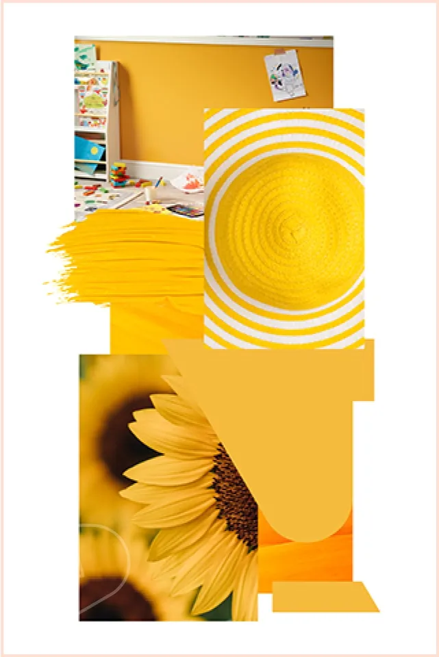 Mood board showing warm yellow colours that match direct claddings Sunflower pvc cladding, including, paint swatch, sunflower, yellow sun hat, children's play area, material and colour swatches.